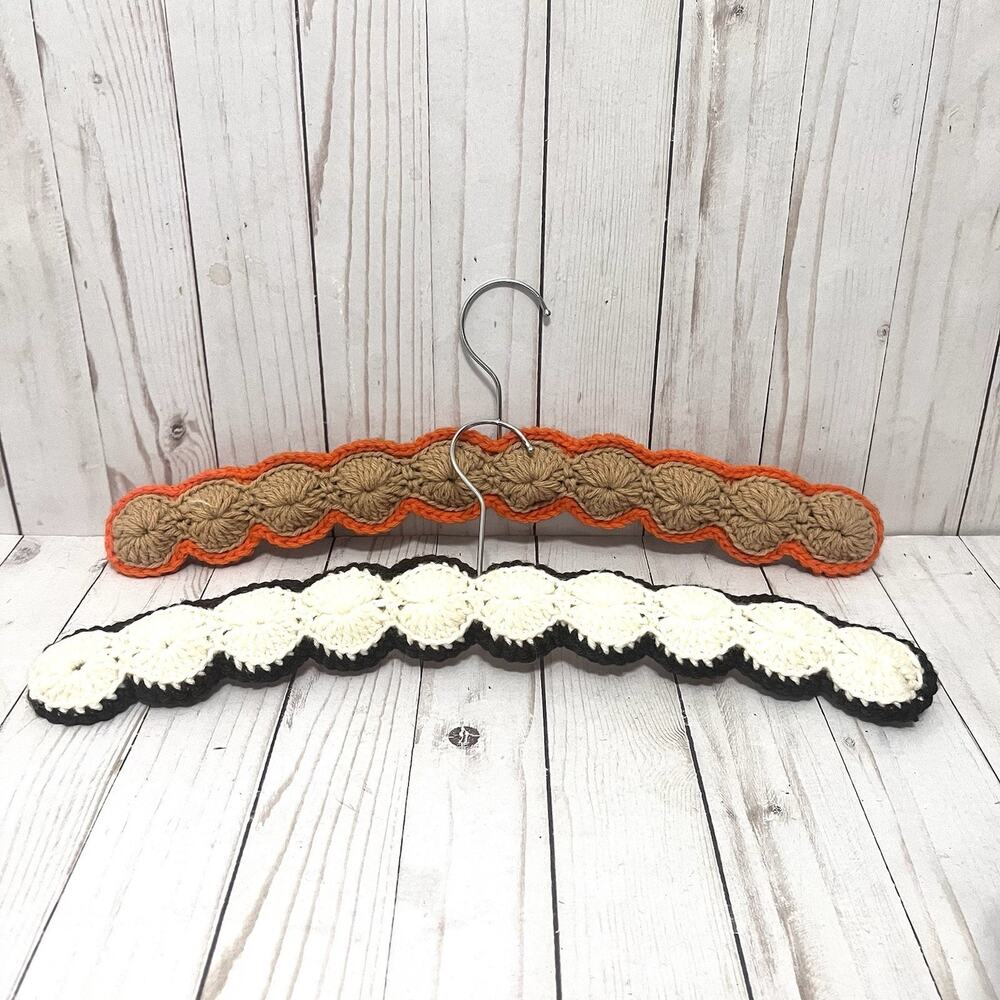 VINTAGE Crochet Knitted Hangers Lot of 2 Groovy 70's colors Orange Brown Cream